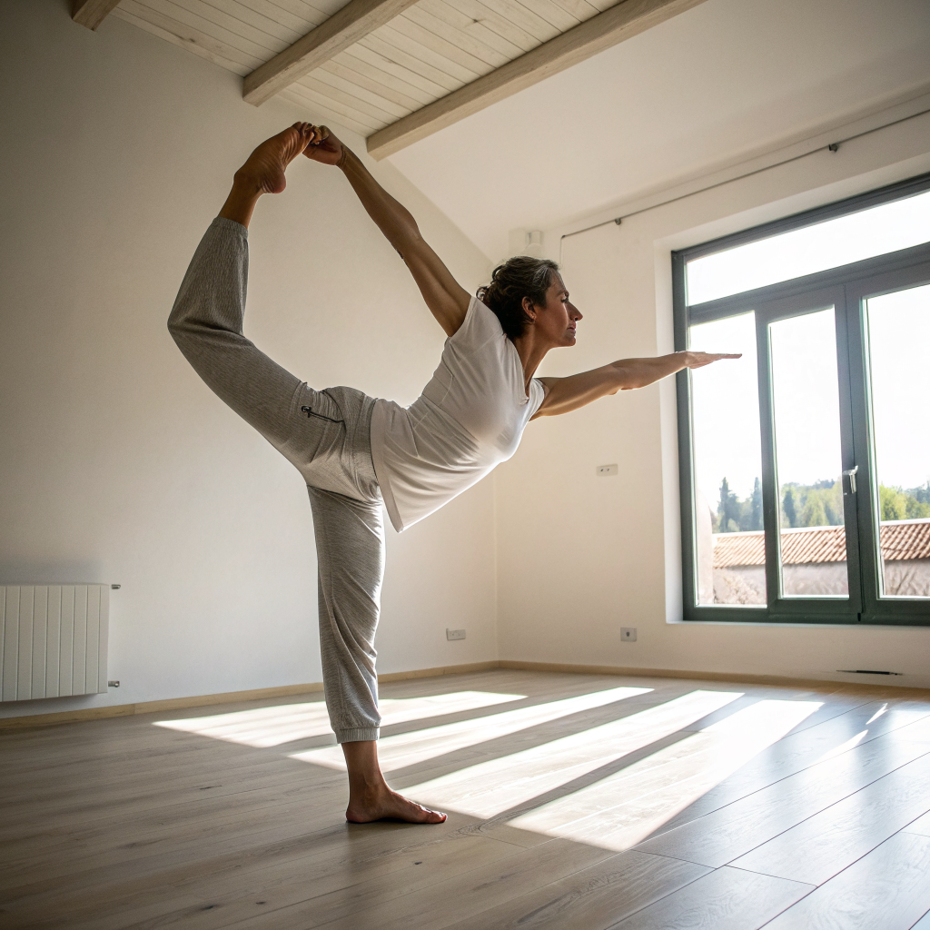 Persona che pratica yoga in posizione di equilibrio in una sala luminosa a Pesaro