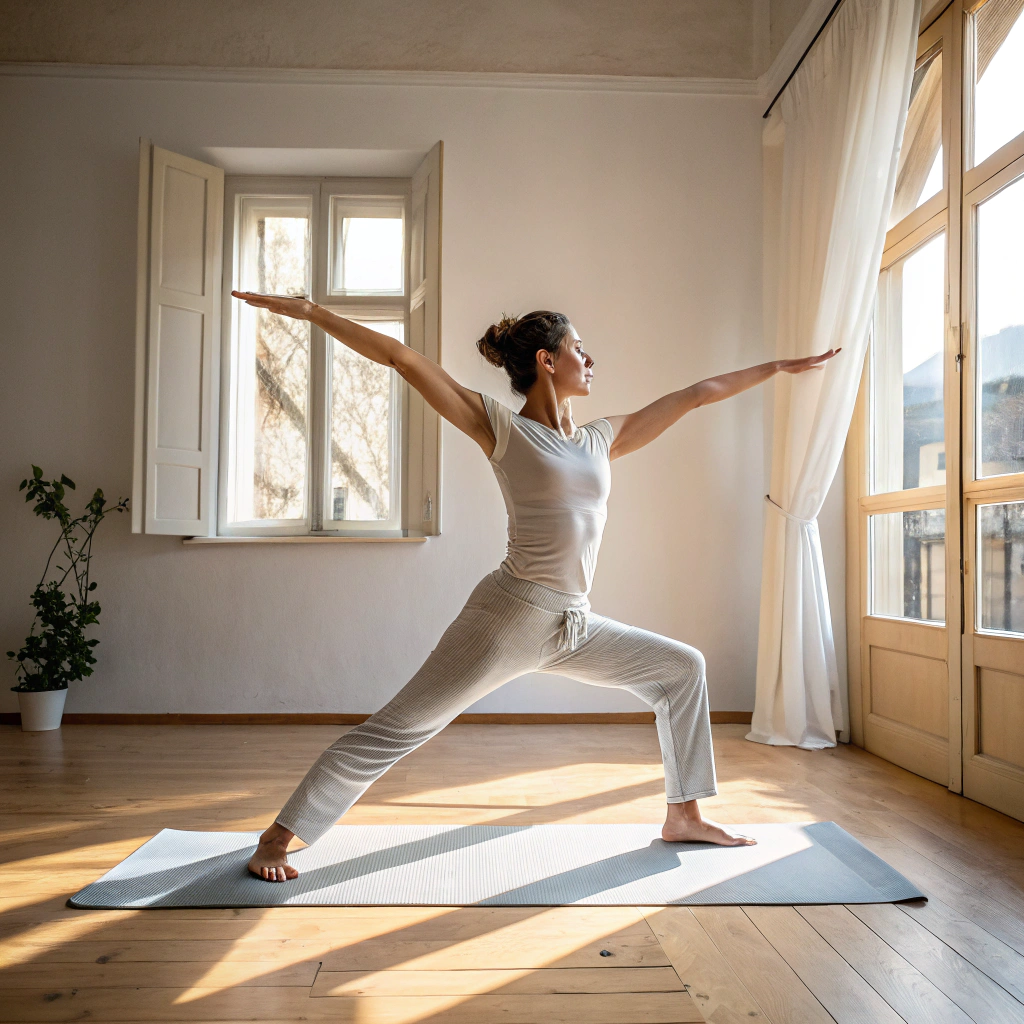 Praticante yoga in posizione del guerriero durante lezione in sala luminosa a Pisa