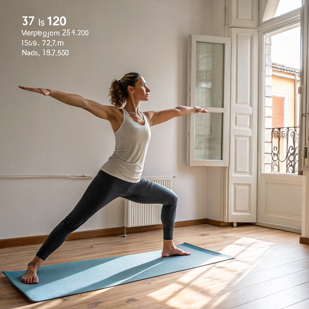 Praticante di yoga in posizione Warrior II durante lezione in palestra a Reggio Emilia